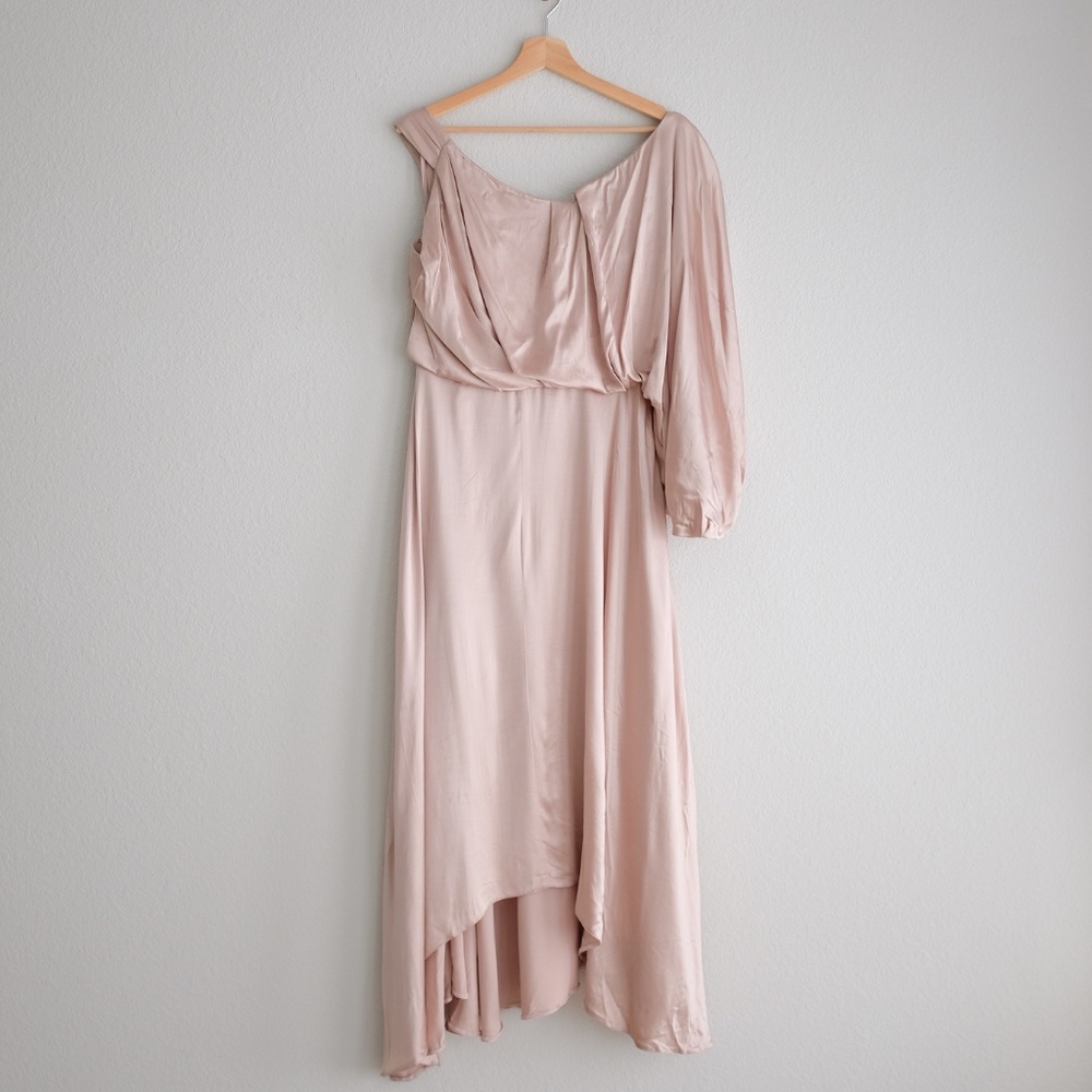 ASOS EDITION blouson one shoulder dress in satin peachy pink, medium